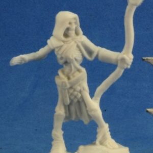 A standing undead skeleton wearing a hood and a few tattered robes hanging from it's belt. In one hand it holds a bow, while the other is empty and gives the appearance of having just let loose an arrow. Unpainted plastic RPG tabletop gaming miniature.