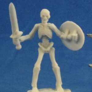 An upright undead skeleton holding a sword with one hand, and a round shield with the other. Unpainted plastic RPG tabletop gaming miniature.