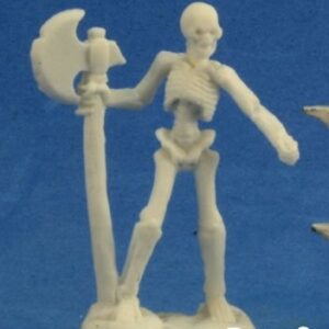 An upright undead skeleton holding a long handled axe one hand. The head of the axe is near its hand while the handle stretches down to the floor. Unpainted plastic RPG tabletop gaming miniature.