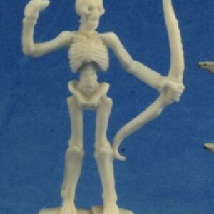 A standing undead skeleton. In one hand it holds a bow, while the other is empty and gives the appearance of having just let loose an arrow. Unpainted plastic RPG tabletop gaming miniature.