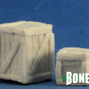A large, and a small square crate designed to look like they are made from planks of wood. Unpainted plastic RPG tabletop gaming miniature.