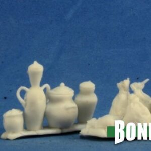 A collection of small bags, pouches and jars. Unpainted plastic RPG tabletop gaming miniatures.