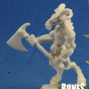 An anthropomorphic goat headed beastman with human hands and cloven hoof feet. He holds a large single headed axe in both hands in front of his body. Unpainted plastic RPG tabletop gaming miniature.