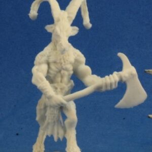 An anthropomorphic goat headed beastman with human hands and cloven hoof feet. He holds a large single headed axe in both hands in front of his body. Unpainted plastic RPG tabletop gaming miniature.