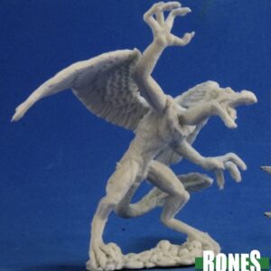 An anthropomorphic vulture advancing upright with both arms outstretched. A pair a large feathered wings sprout from it's back. Unpainted plastic RPG tabletop gaming miniature.