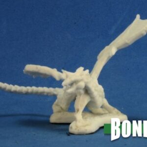 A small blue dragon hatchling with its wings outstretched. Unpainted plastic RPG tabletop gaming miniature.