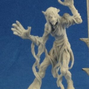 A female humanoid with large webbed hands and clawed feet. She is standing upright with hands raised. Her robe is tattered and appears to be soaking wet. Unpainted plastic RPG tabletop gaming miniature.
