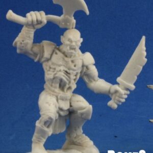 An upright undead zombie ogre. He holds a large single bladed axe above his head, and a broken bladed sword in his other hand. Unpainted plastic RPG tabletop gaming miniature.
