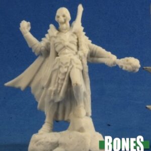 An undead armoured skeleton standing on a rocky floor in a triumphant pose. One arm is raised in defiance, the other holds a large headed club. Unpainted plastic RPG tabletop gaming miniature.