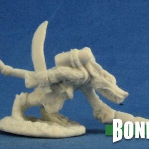An anthropomorphic wererat advancing with its head down. It hold a wide bladed knife out in front of it, and a second in its other hand, pointing upward behind it's back. Unpainted plastic RPG tabletop gaming miniature.