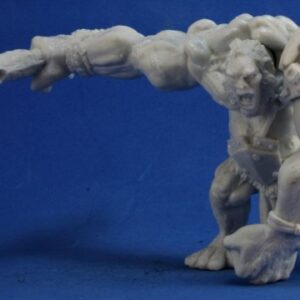 A large powerfully built hill giant standing on both feet, with one arm punching the ground. The other arm holds a tree trunk club out at a right angle to his body. Unpainted plastic RPG tabletop gaming miniature.