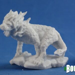 A fierce looking big cat with a scaled body and firey mane. Unpainted plastic RPG tabletop Gaming miniature.