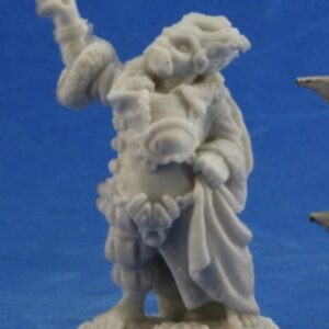 A male derro mage dressed in fine clothes and a cloak. One of his hands is reaching up, as if casting a spell. Unpainted plastic RPG tabletop gaming miniature.