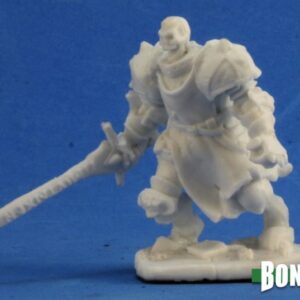 An undead skeleton wearing heavy plate armour with a flowing tabbard over the central portion. It is advancing with a sword held in one of it's gauntleted hands. Unpainted plastic RPG tabletop gaming miniature.