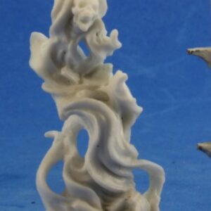 A lich's skull rising up on magical vapours. Unpainted plastic RPG tabletop gaming miniature.