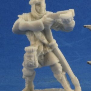A male human fighter wearing light armour and holding a crossbow in both hands. Unpainted plastic RPG tabletop gaming miniature.