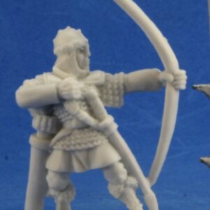 A male human fighter wearing light armour and holding a long bow in one hand. A quiver hangs from his belt. Unpainted plastic RPG tabletop gaming miniature.