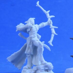 A male elf ranger standing on a rock and firing a long bow. His quiver is strapped to his back just above a curved bladed sword. Unpainted plastic RPG tabletop gaming miniature.