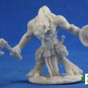 A standing gnoll fighter with a tall mohican like head and back mane. He holds a wide bladed axe in one hand and a small buckler shield in the other. Unpainted plastic RPG tabletop gaming miniature.
