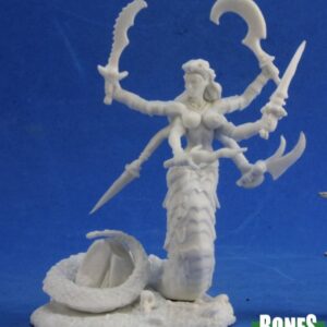A six armed female demon with a human torso and a snake like lower section. Each arm holds a different bladed weapon. Unpainted plastic RPG tabletop Gaming miniature.
