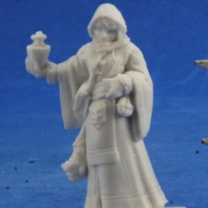 A female human cleric holding a potion bottle in her outstretched hand. She wears a simple long sleeved robe and a large spiked club hangs at her side. Unpainted plastic RPG tabletop gaming miniature.