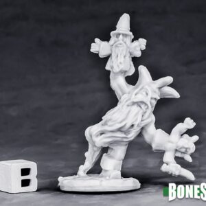 A rather crazed looking male dwarf jester, standing on one leg. He has a glove puppet on each hand. Unpainted plastic RPG tabletop gaming miniature.