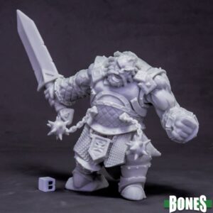 A large fire giant warrior advancing. He is armoured and carries a great broadsword in one outstretched arm. His other hand is clentched into a fist. Two spikey balls on chains swing from his breastplate. Unpainted plastic RPG tabletop gaming miniature.