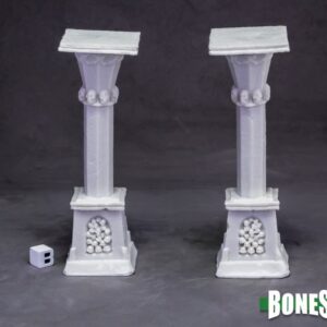 Two tall octagonal columns with square block bases. The pillars are adorned with skulls. Unpainted plastic RPG tabletop gaming miniatures.