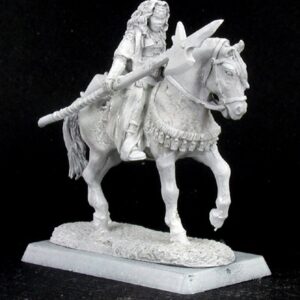 A female human cleric riding a fine horse. She is dressed in robes and carries a halberd in one hand. Some camping essentials are attached to the rear of the horse's saddle.