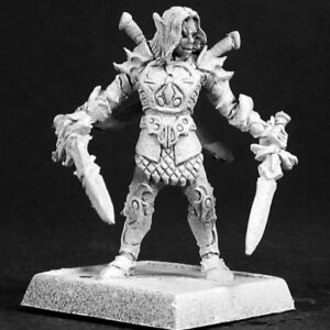 A male elf fighter standing still. He is clad in ornate plate armour over a scale mail vest. He holds a sword in each hand. On his back are two more sheathed , crossed swords.